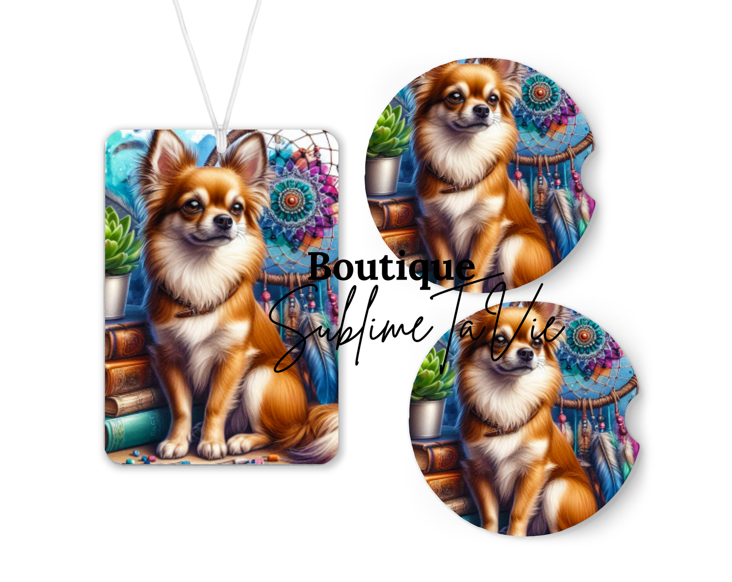 Désodorisants et sous verres de voiture chihuahua