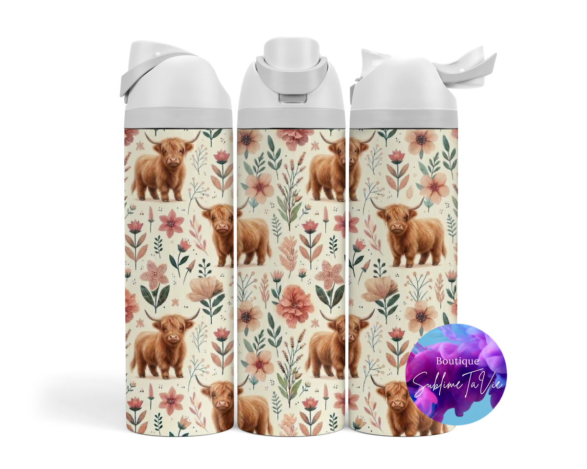 Tasse isotherme Owa - vache Highlands fleurs