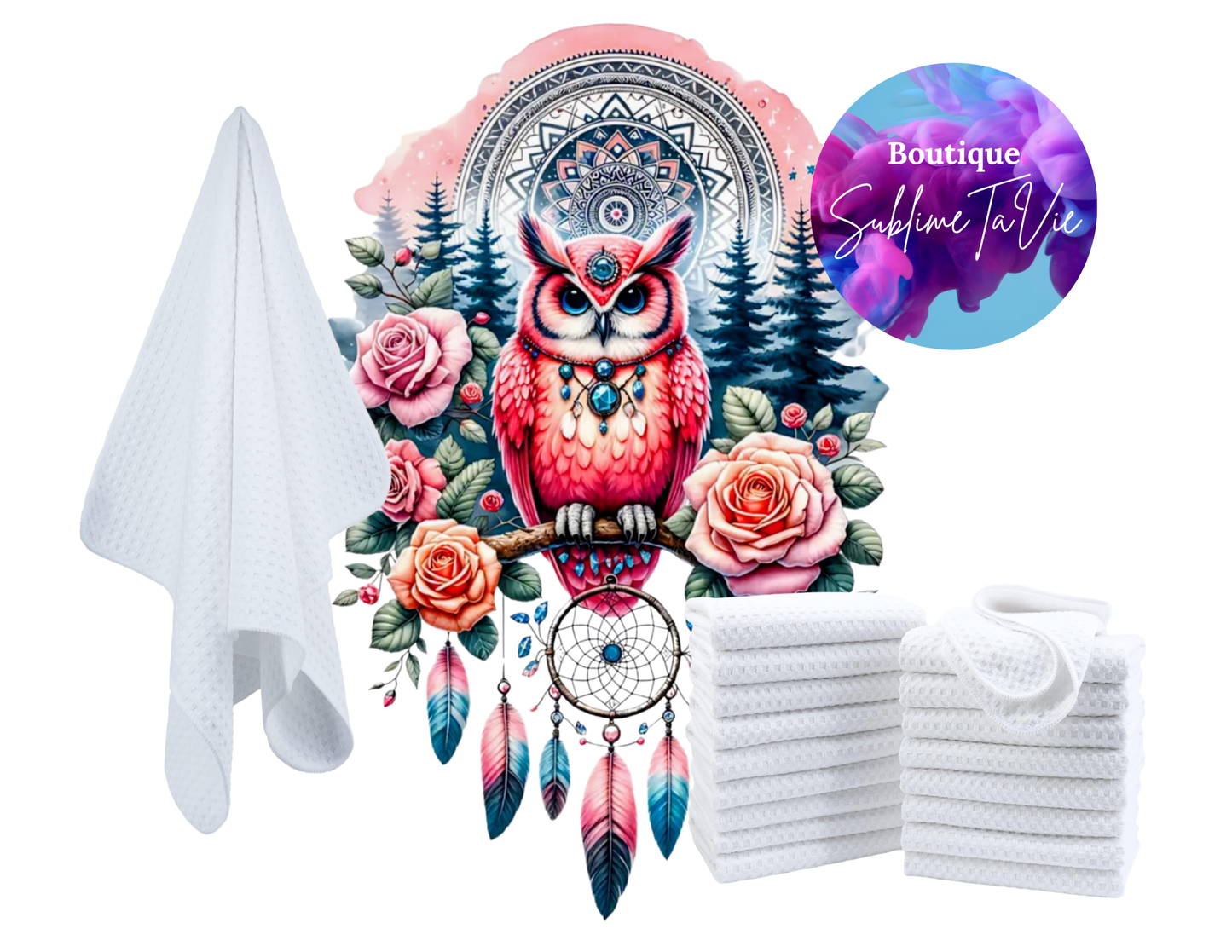 Serviette de cuisine hiboux boho