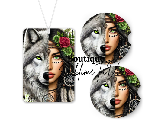 Désodorisants et sous verres de voiture femme loup