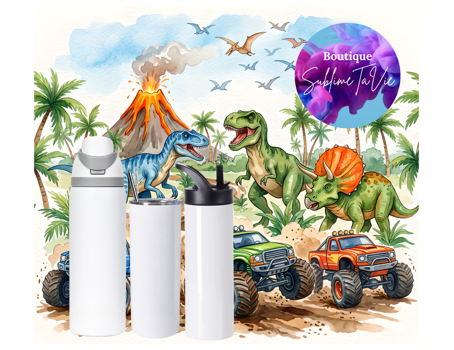 Tasse isotherme dinosaures monster truck